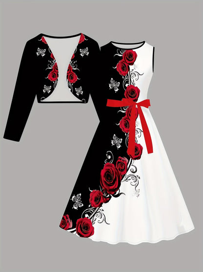 Women’s Black & White Rose Print Dress with Short Jacket & Belt – Elegant 2 Piece Set