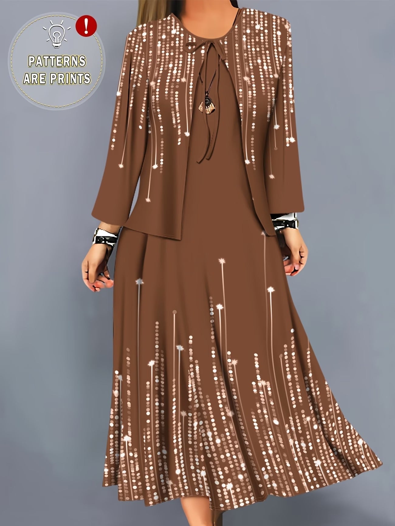 Elegant Layered Two-Piece Midi Dress Set with Tie-Front Cardigan – Flowy Printed Everyday & Occasion Wear