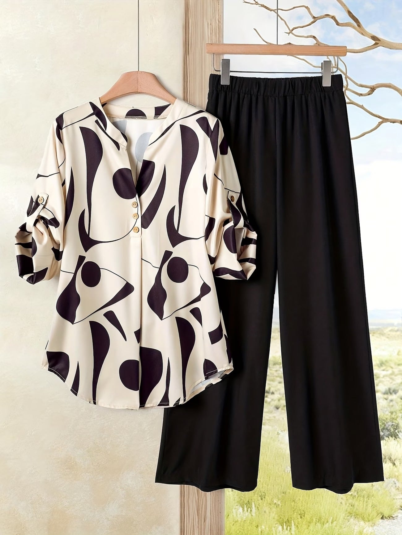 Women’s Floral Long-Sleeve Shirt with Printed Pants – Stylish Two-Piece Everyday Outfit (With Tie & Button Details)