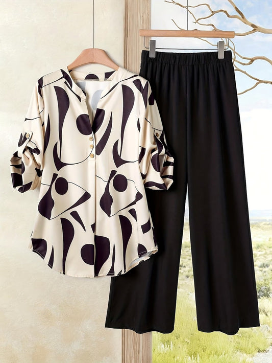 Women’s Floral Long-Sleeve Shirt with Printed Pants – Stylish Two-Piece Everyday Outfit (With Tie & Button Details)