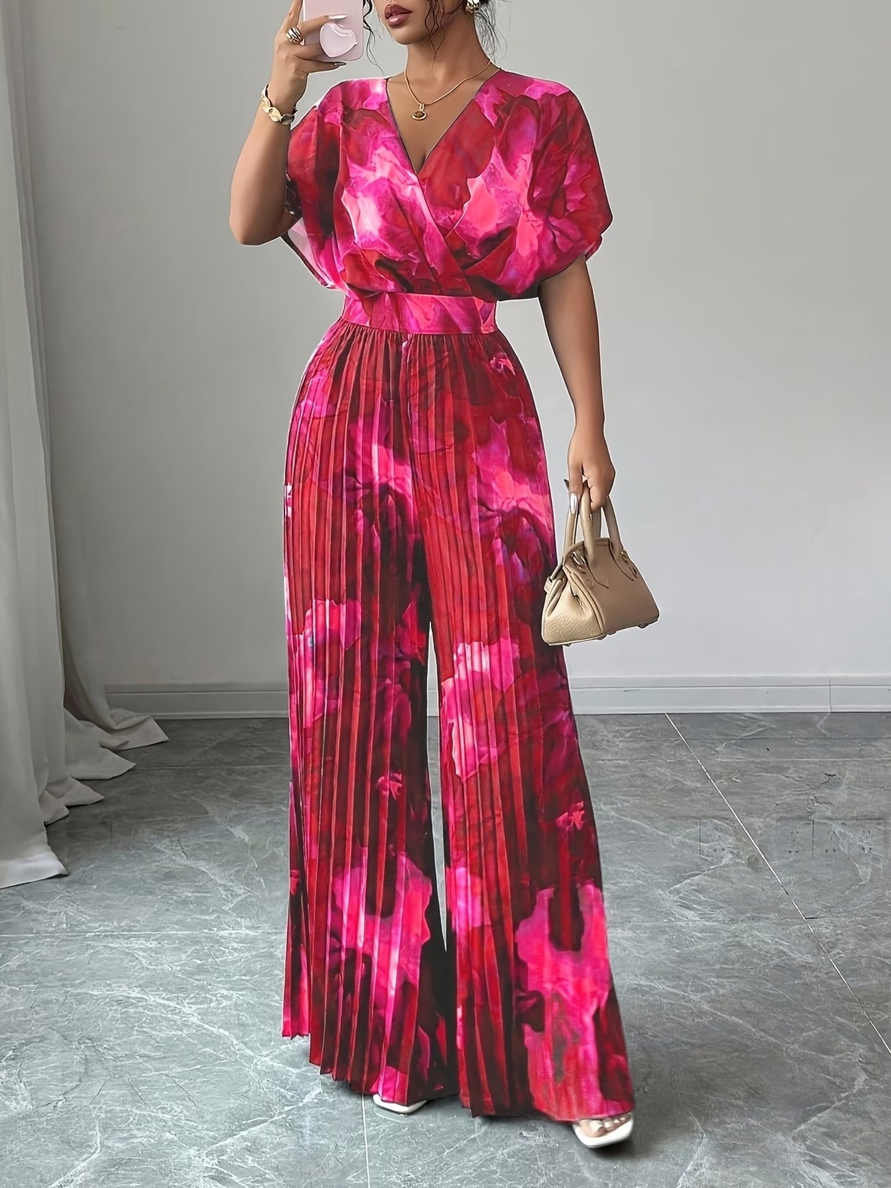 Elegant Women’s Batwing Sleeve Jumpsuit – V-Neck Abstract Print Wide-Leg Summer Outfit