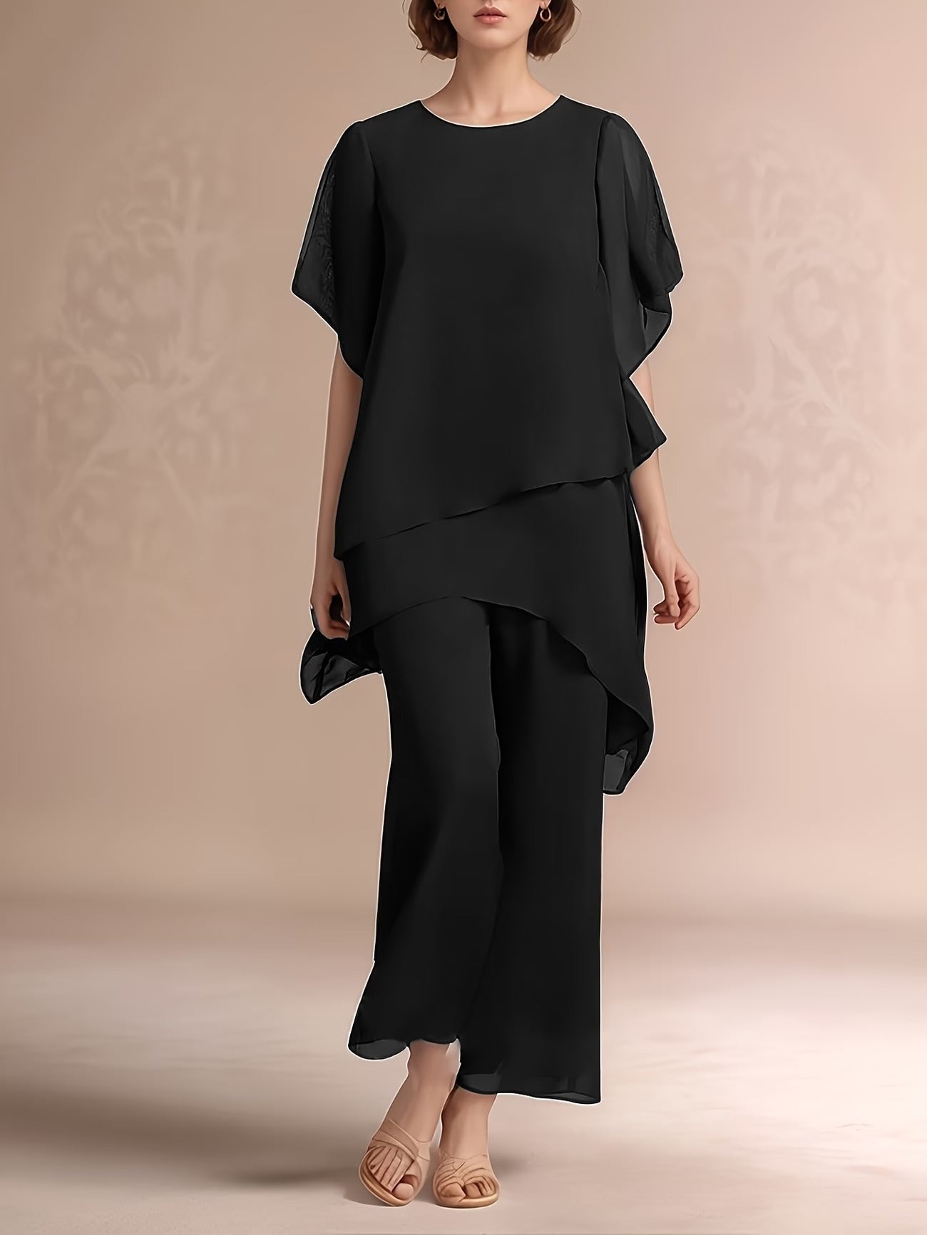Women'S Chiffon Short Sleeve 2pcs Set Solid Color Irregular Elegant Party Fashion Suit