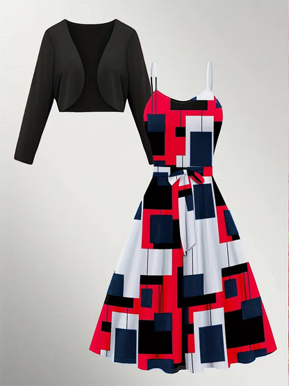 Women’s Elegant Solid Dress with Long Sleeve Jacket – Stylish 2 Piece Outfit Set
