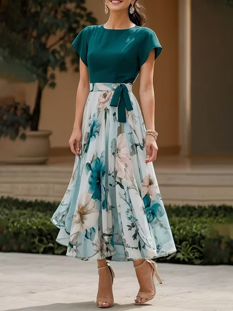 Elegant Floral Color-Block Midi Dress for Women | Tie-Waist Crew Neck Summer Dress