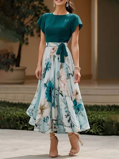 Elegant Floral Color-Block Midi Dress for Women | Tie-Waist Crew Neck Summer Dress