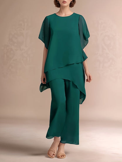 Women'S Chiffon Short Sleeve 2pcs Set Solid Color Irregular Elegant Party Fashion Suit