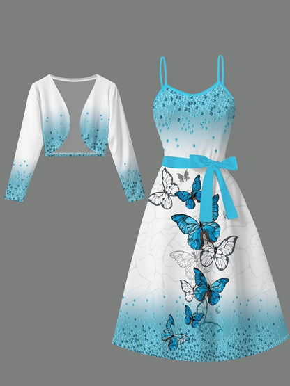 Women’s Elegant Butterfly Print Dress with Short Jacket & Belt – Stylish 2 Piece Set