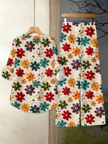 Women’s Floral Long-Sleeve Shirt with Printed Pants – Stylish Two-Piece Everyday Outfit (With Tie & Button Details)