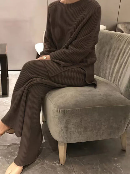 Round Neck Casual Slit Knitted Two-Piece Set Coffee