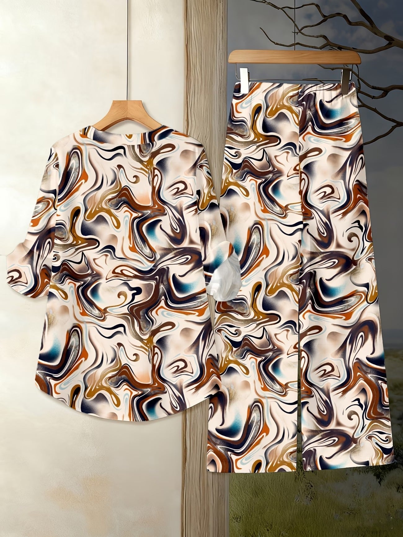 Women’s Floral Long-Sleeve Shirt with Printed Pants – Stylish Two-Piece Everyday Outfit (With Tie & Button Details)