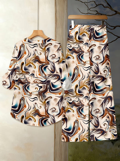 Women’s Floral Long-Sleeve Shirt with Printed Pants – Stylish Two-Piece Everyday Outfit (With Tie & Button Details)