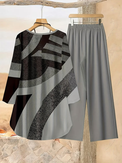 Loose Fit Irregular Print High-Low Hem Top with Solid Pants – Women’s Casual Two-Piece Outfit