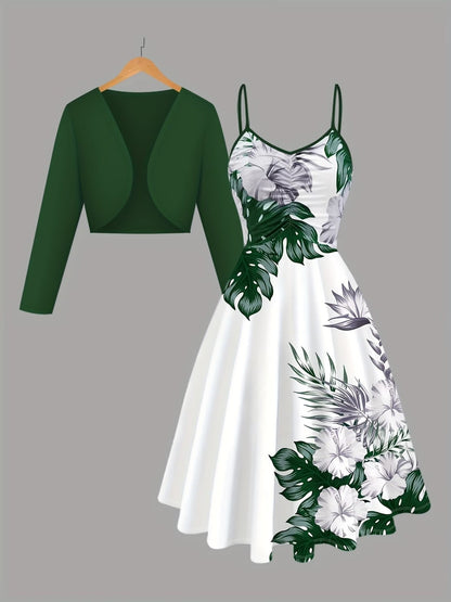 Women’s Elegant Green Cardigan with Leaf Print Dress – Stylish 2 Piece Set