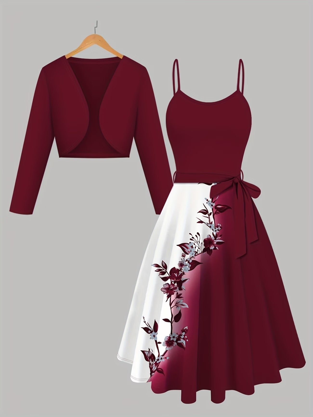 Women’s Floral Printed Dress with Solid Long Sleeve Cardigan – Elegant 2 Piece Set
