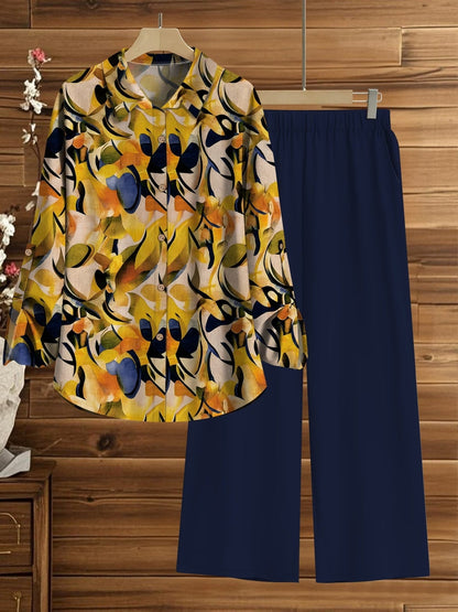 Women’s Floral Long-Sleeve Shirt with Printed Pants – Stylish Two-Piece Everyday Outfit (With Tie & Button Details)