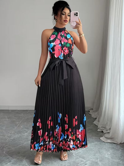 Elegant Floral Halter Neck Pleated Dress – Stylish & Comfortable Summer Outfit for Women