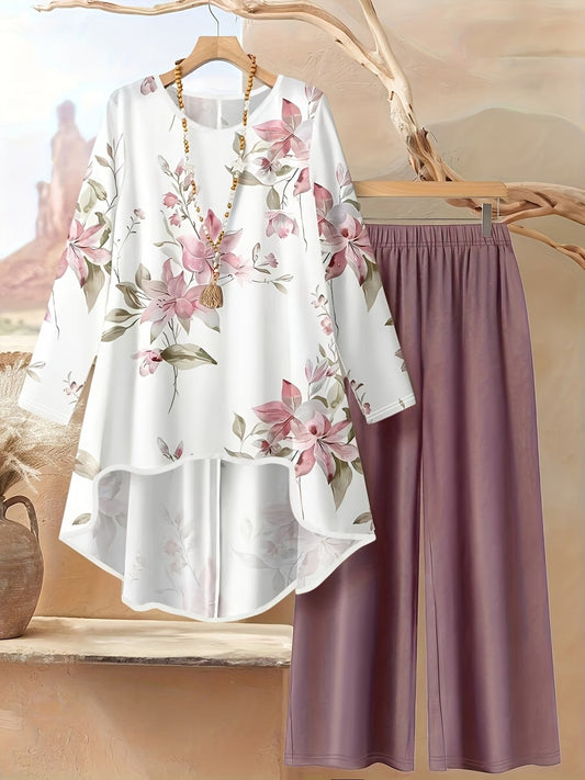 Autumn And Winter Women'S Vacation Printed Elegant Casual Loose Long-Sleeve Top And Pants Two-Piece Set for Fall