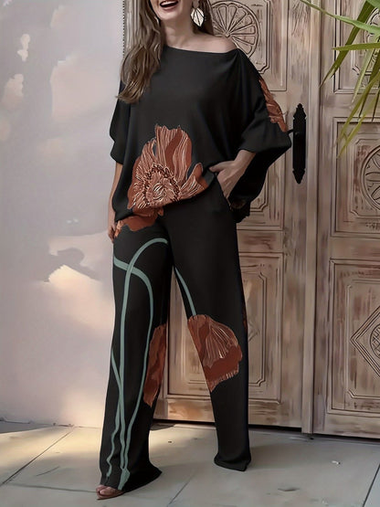 Elegant Floral Print Women’s Co-Ord Set – Comfortable Short Sleeve Top & Flowy Elastic Waist Pants