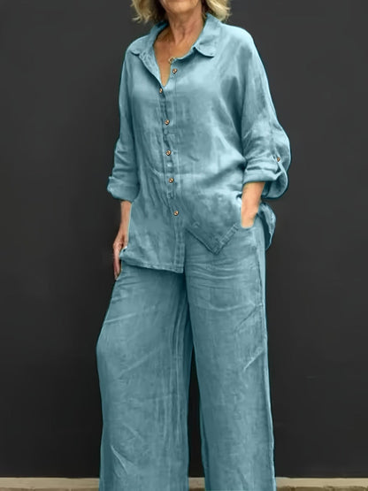 Plus Size Women’s Casual Two-Piece Co-Ord Set – Breathable Shirt & Straight-Leg Pants for Spring & Autumn Comfort