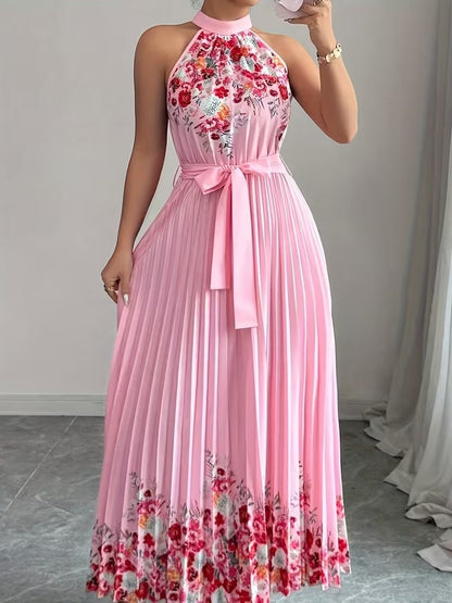 Elegant Floral Halter Neck Pleated Dress – Stylish & Comfortable Summer Outfit for Women