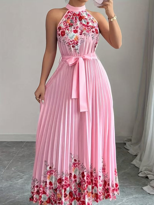 Elegant Floral Halter Neck Pleated Dress – Stylish & Comfortable Summer Outfit for Women