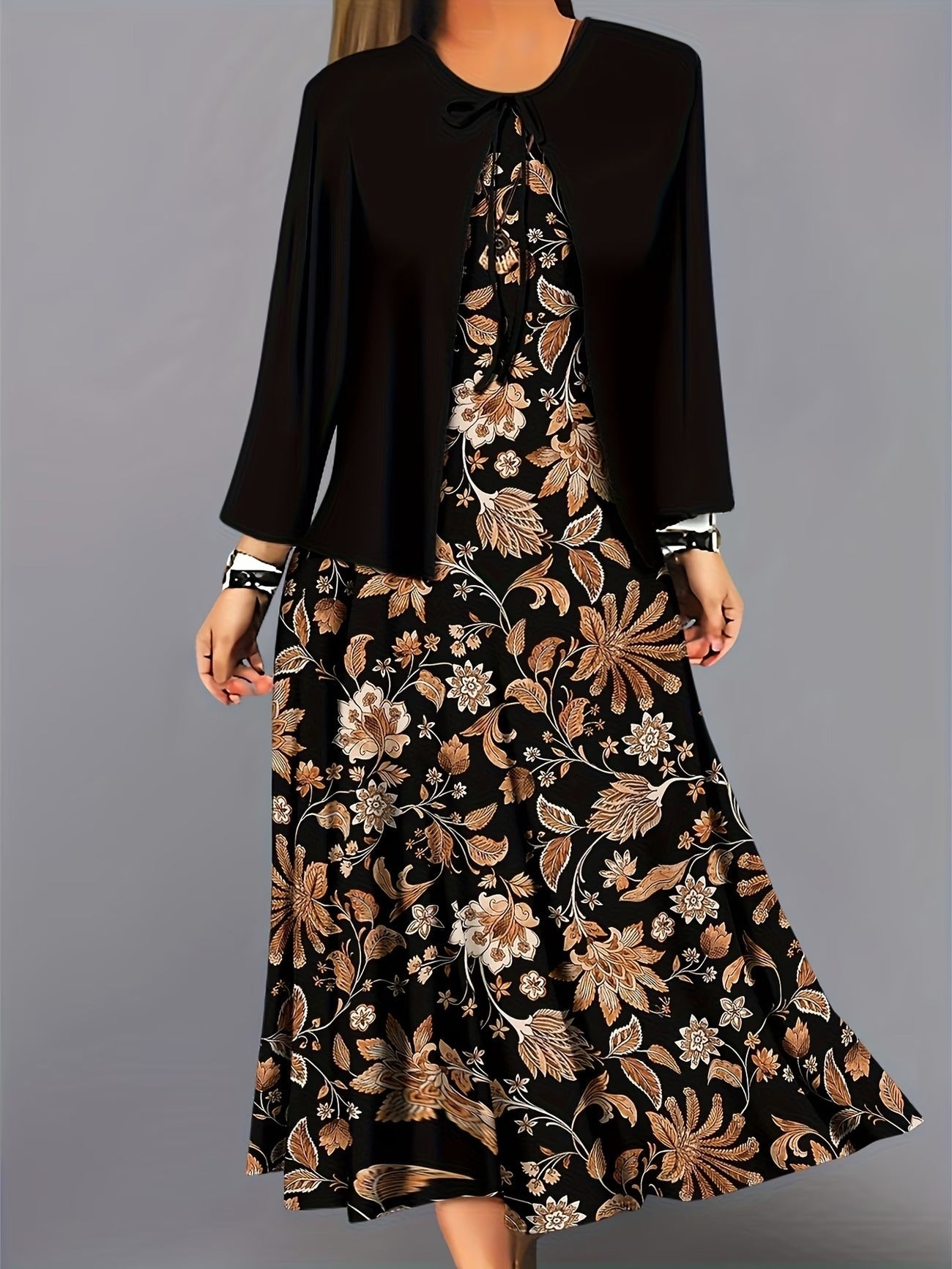 Elegant Layered Two-Piece Midi Dress Set with Tie-Front Cardigan – Flowy Printed Everyday & Occasion Wear