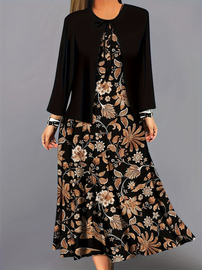 Elegant Layered Two-Piece Midi Dress Set with Tie-Front Cardigan – Flowy Printed Everyday & Occasion Wear