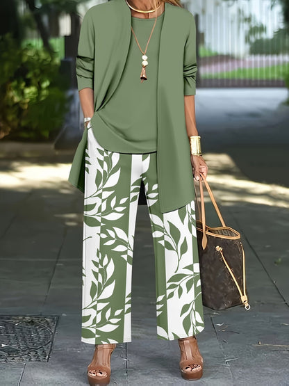 Elegant Solid Color Cardigan Jacket with Halter Top & Printed Plant Pattern Trousers – Stylish 3-Piece Women’s Set