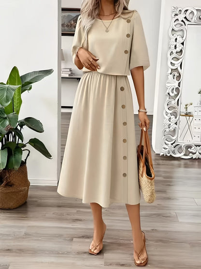 Elegant Summer Two-Piece Set – Round Neck Faux Button T-Shirt & Artistic Midi Skirt Outfit for Women