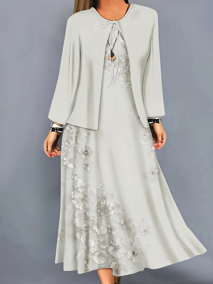Elegant Layered Two-Piece Midi Dress Set with Tie-Front Cardigan – Flowy Printed Everyday & Occasion Wear