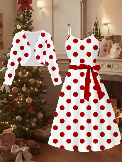 Women’s Elegant Polka Dot Dress with Open Front Jacket & Belt – Stylish 2 Piece Outfit Set