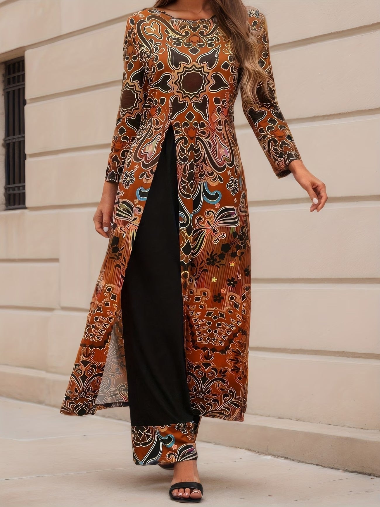 Elegant Marble Pattern Longline Top – Stylish Crew Neck Commuter & Party Wear