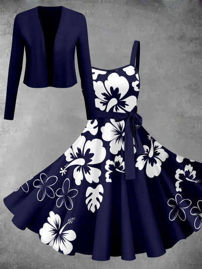 Women’s Vintage Printed Dress with Solid Cardigan – Elegant 2 Piece Set