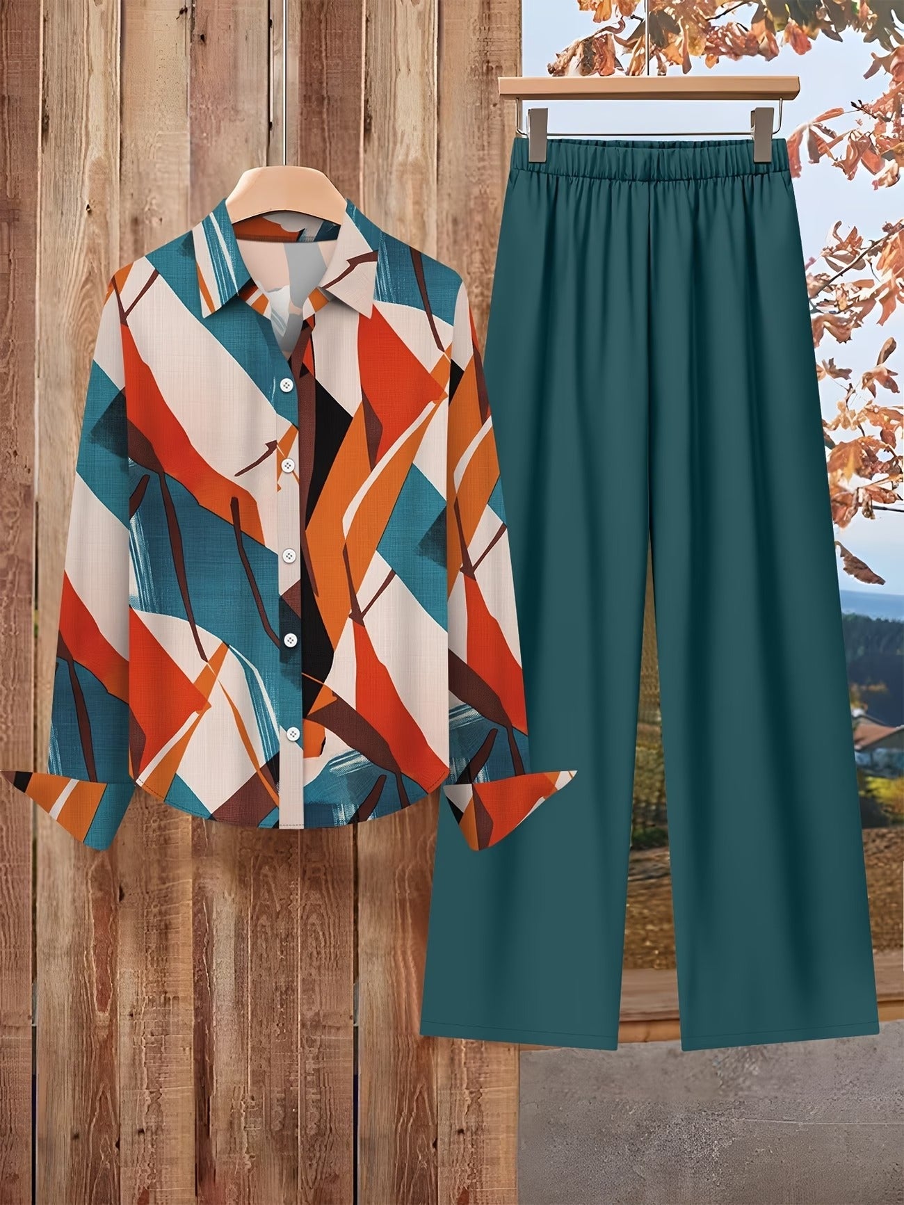 Women’s Floral Long-Sleeve Shirt with Printed Pants – Stylish Two-Piece Everyday Outfit (With Tie & Button Details)