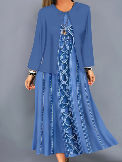 Elegant Layered Two-Piece Midi Dress Set with Tie-Front Cardigan – Flowy Printed Everyday & Occasion Wear