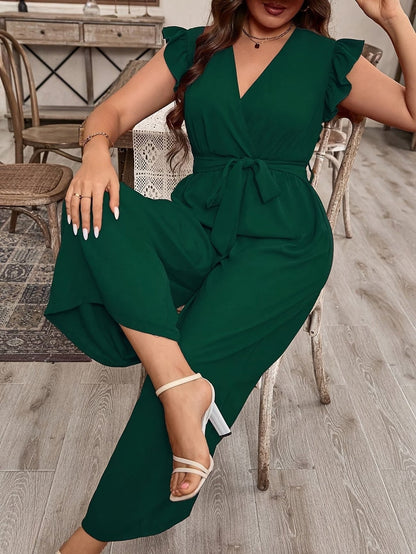 Elegant Ruffle V-Neck Belted Bodysuit – Solid Color Chic Women’s Top