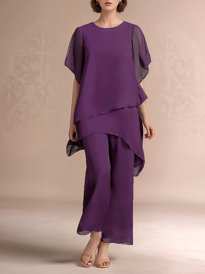 Women'S Chiffon Short Sleeve 2pcs Set Solid Color Irregular Elegant Party Fashion Suit