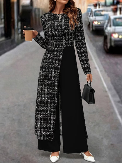 Chic Plaid Commuter Jumpsuit – Asymmetrical Design with Relaxed Straight-Leg Fit