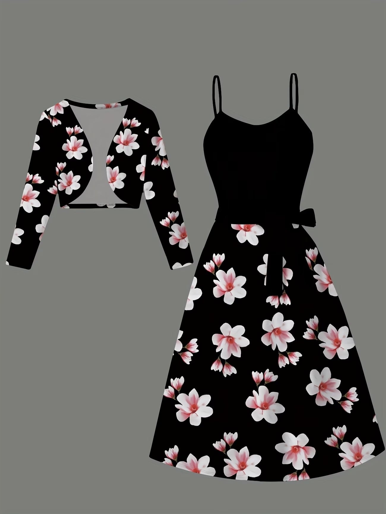 Elegant Belted Short Jacket with Floral Print Slip Dress – Stylish Two-Piece Women’s Set
