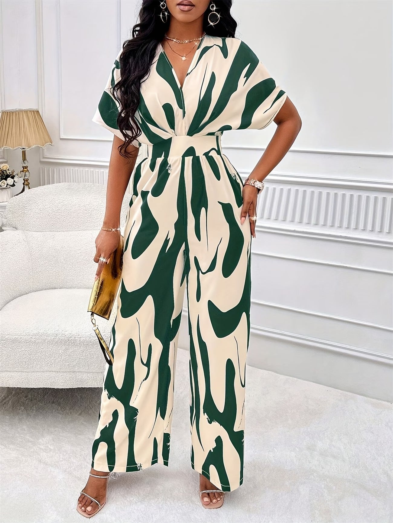 Women’s Color Block V-Neck Jumpsuit – Elegant Short Sleeve Wide-Leg One-Piece Outfit with Comfortable Waist Fit for Spring & Summer