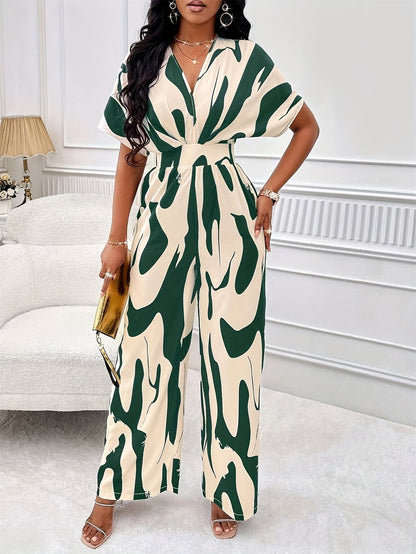 Women’s Color Block V-Neck Jumpsuit – Elegant Short Sleeve Wide-Leg One-Piece Outfit with Comfortable Waist Fit for Spring & Summer