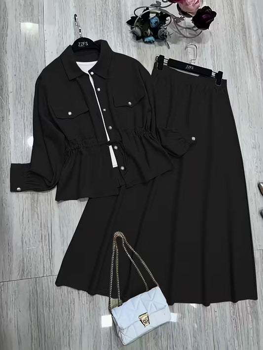 Women's Drawstring Waist Collared Top & Elastic Waist Skirt Two-Piece Set