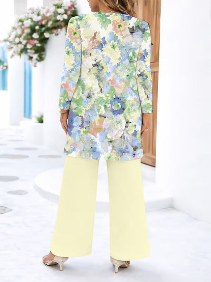 Women’s Long-Sleeve Floral Suit – Light Red Flowers on Gray, Casual & Vacation Wear