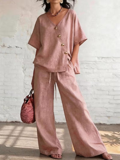 V-Neck Buttoned Top & Drawstring Wide-Leg Pants