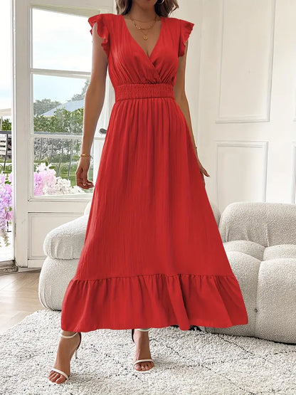 Elegant Ruffle Sleeve Surplice Neck Dress – Space Lightweight & Flattering Summer Style