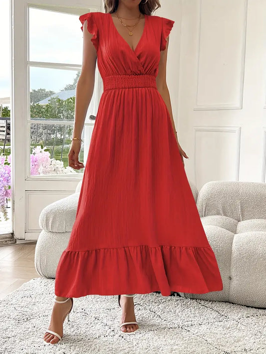 Elegant Ruffle Sleeve Surplice Neck Dress – Space Lightweight & Flattering Summer Style