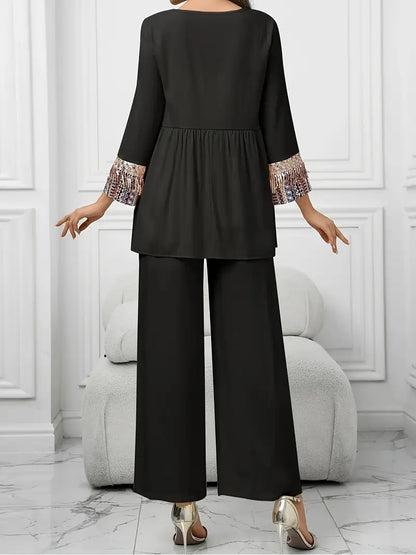 Elegant Summer Patchwork Co-ord Set for Women – Beaded Fringe Top with Wide-Leg Pants (2pcs)