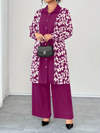 Women's Elegant Patchwork Cardigan, Mid-Length Shirt & Straight-Leg Trousers Set