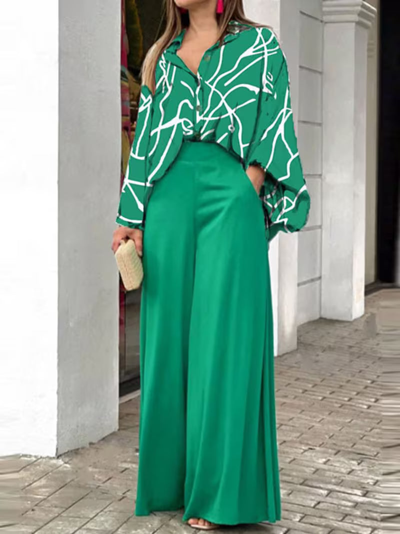 Women’s Printed Shirt & Wide-Leg Trousers Set – Casual Fashion Outfit