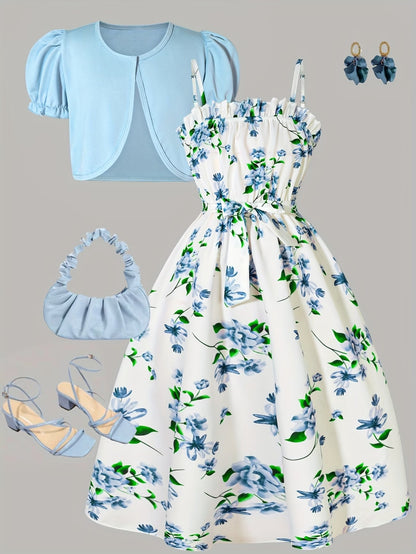 Girls Floral Dress & Cardigan 2-Piece Set